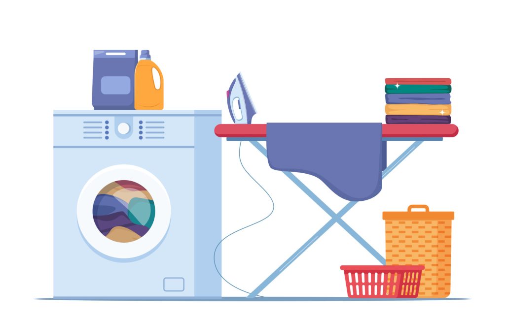 15411795 machine a laver avec linge dedans produits d entretien fer et vetements sur planche a repasser panier a linge entretien menager concept de proprete illustrationle plane vectoriel